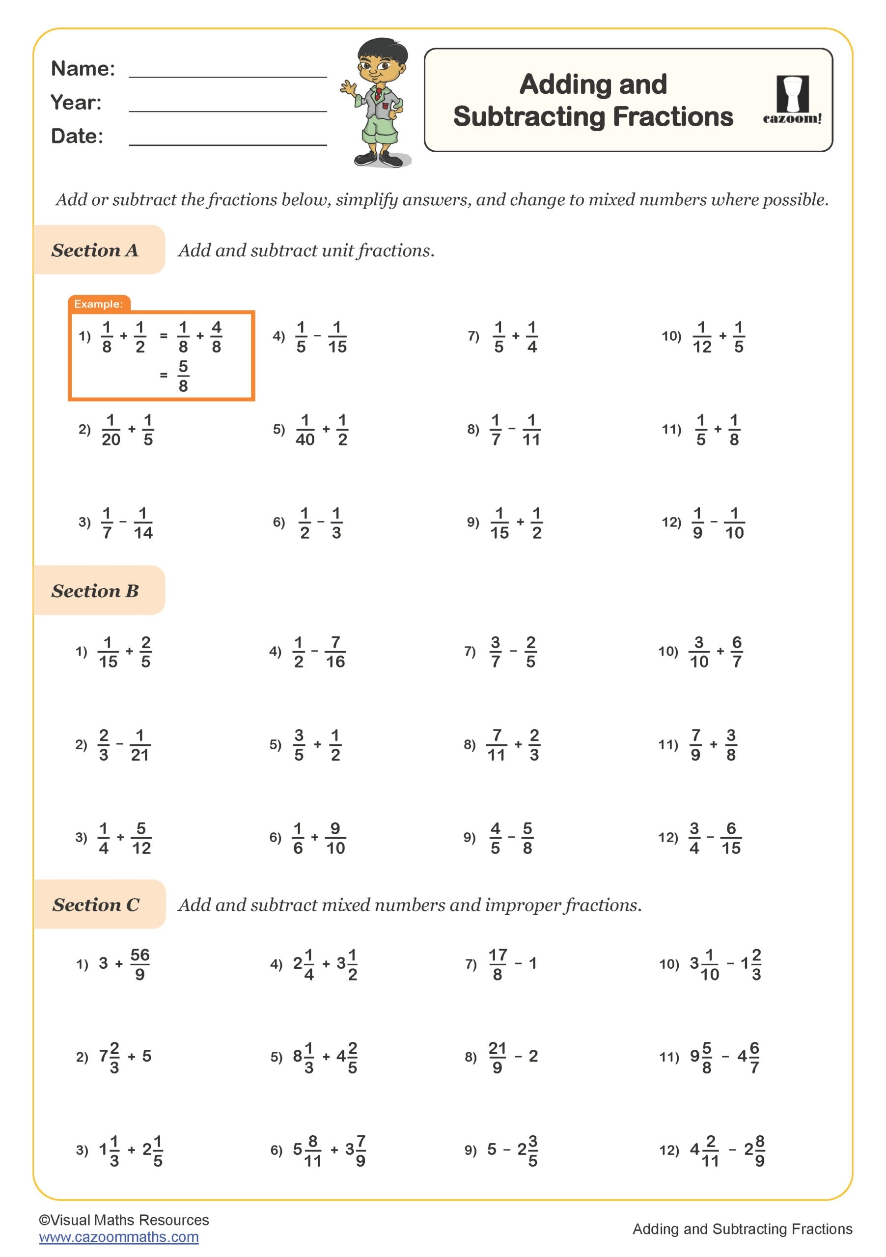 Adding And Subtracting Fractions Worksheet PDF Printable Number