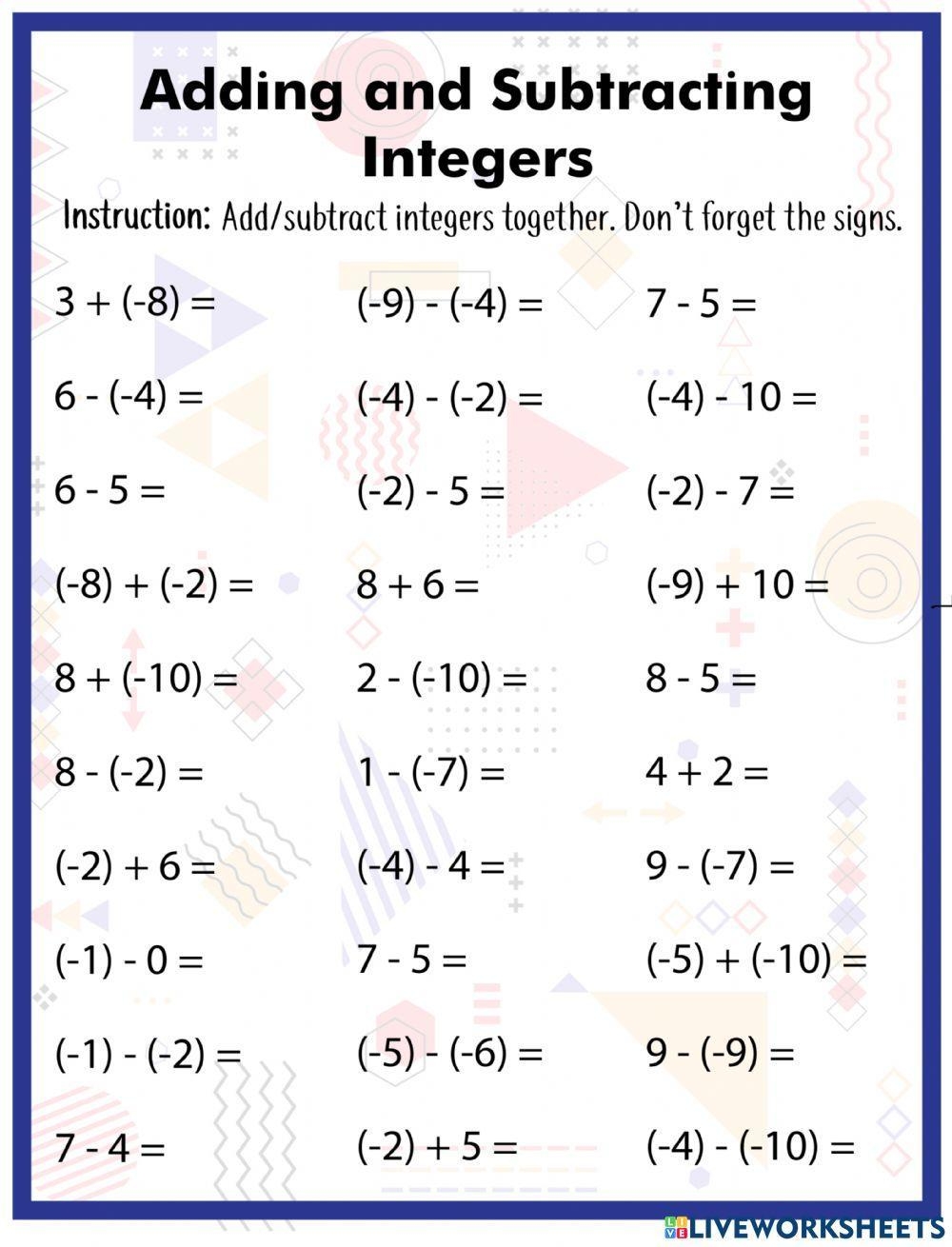subtracting worksheet