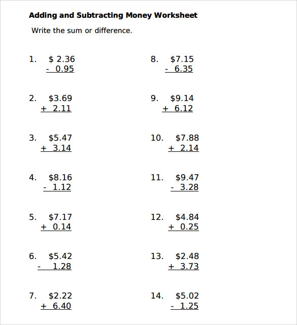 adding and subtracting money worksheets