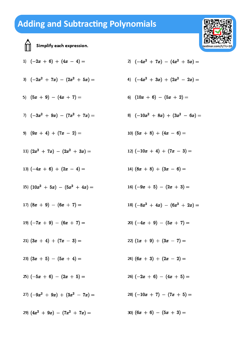 addition of polynomials worksheet