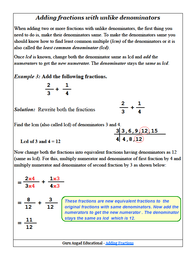 Adding Fractions With Unlike Denominators Practice Activities For