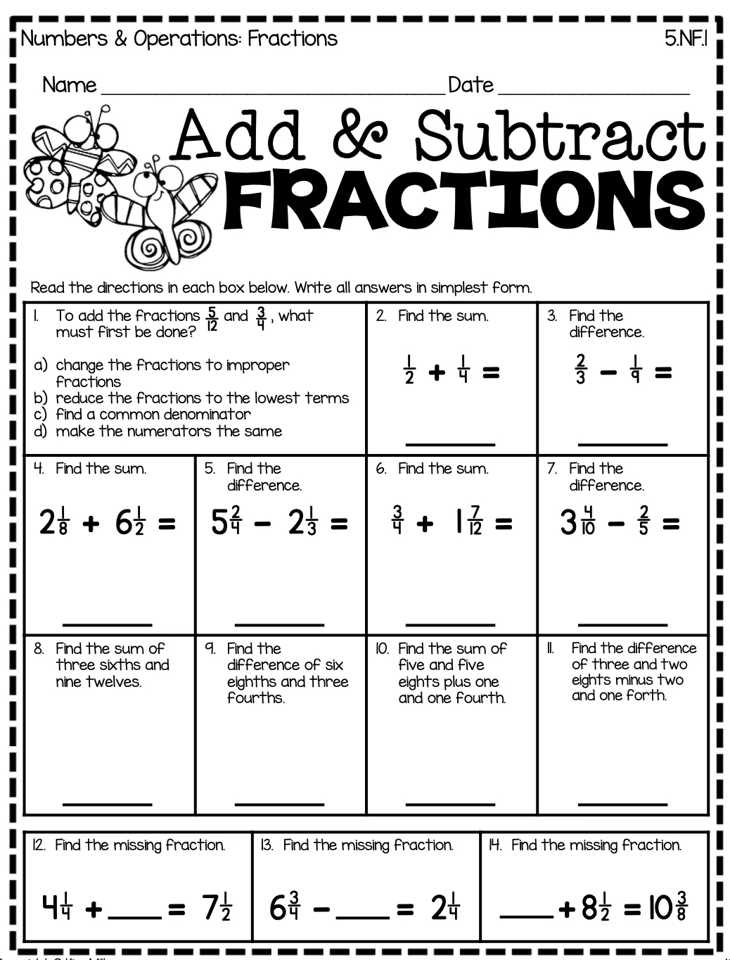 Adding Fractions With Unlike Denominators Worksheet Digital 