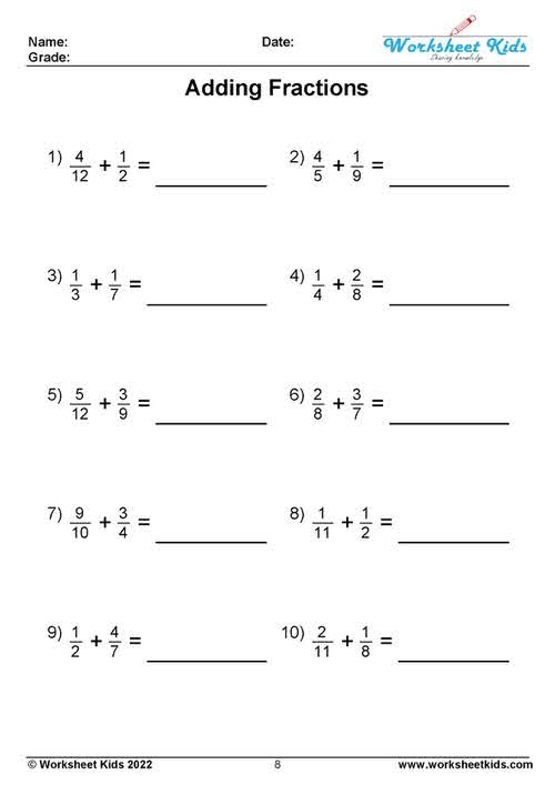 add fraction with unlike denominators worksheet