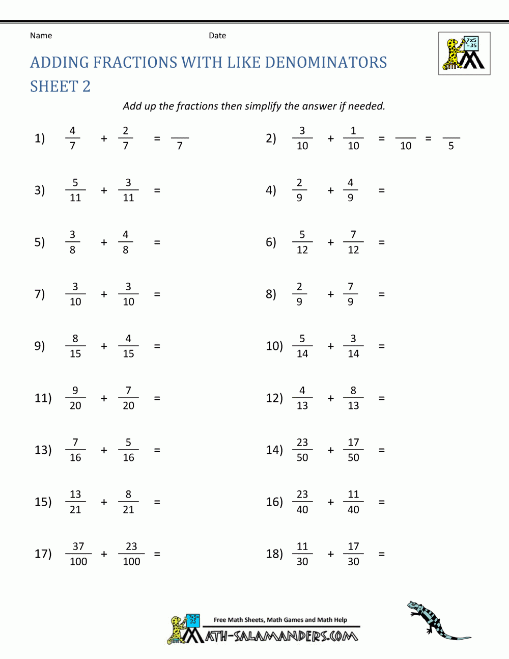 adding fractions worksheets with answers
