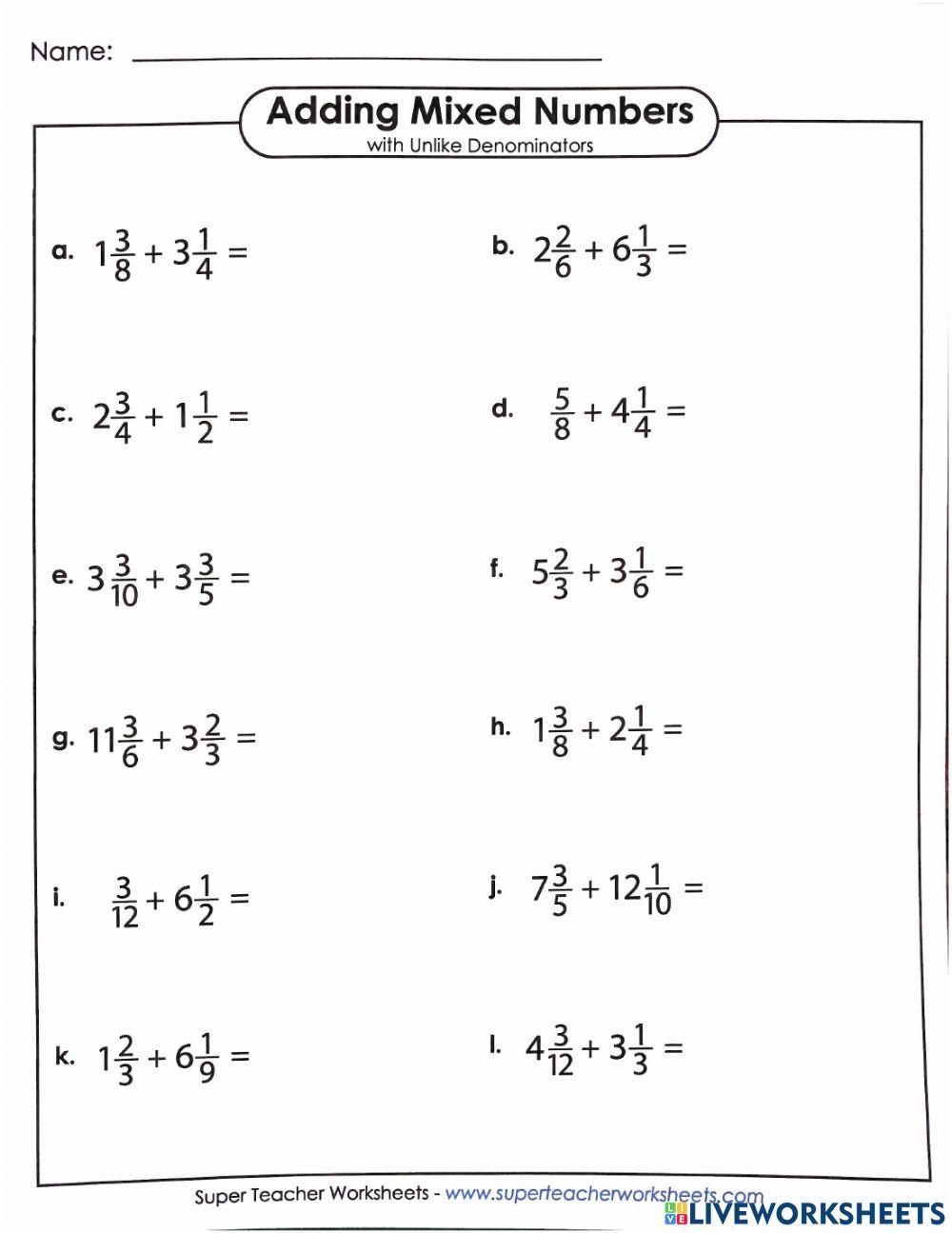 adding mixed fractions worksheet