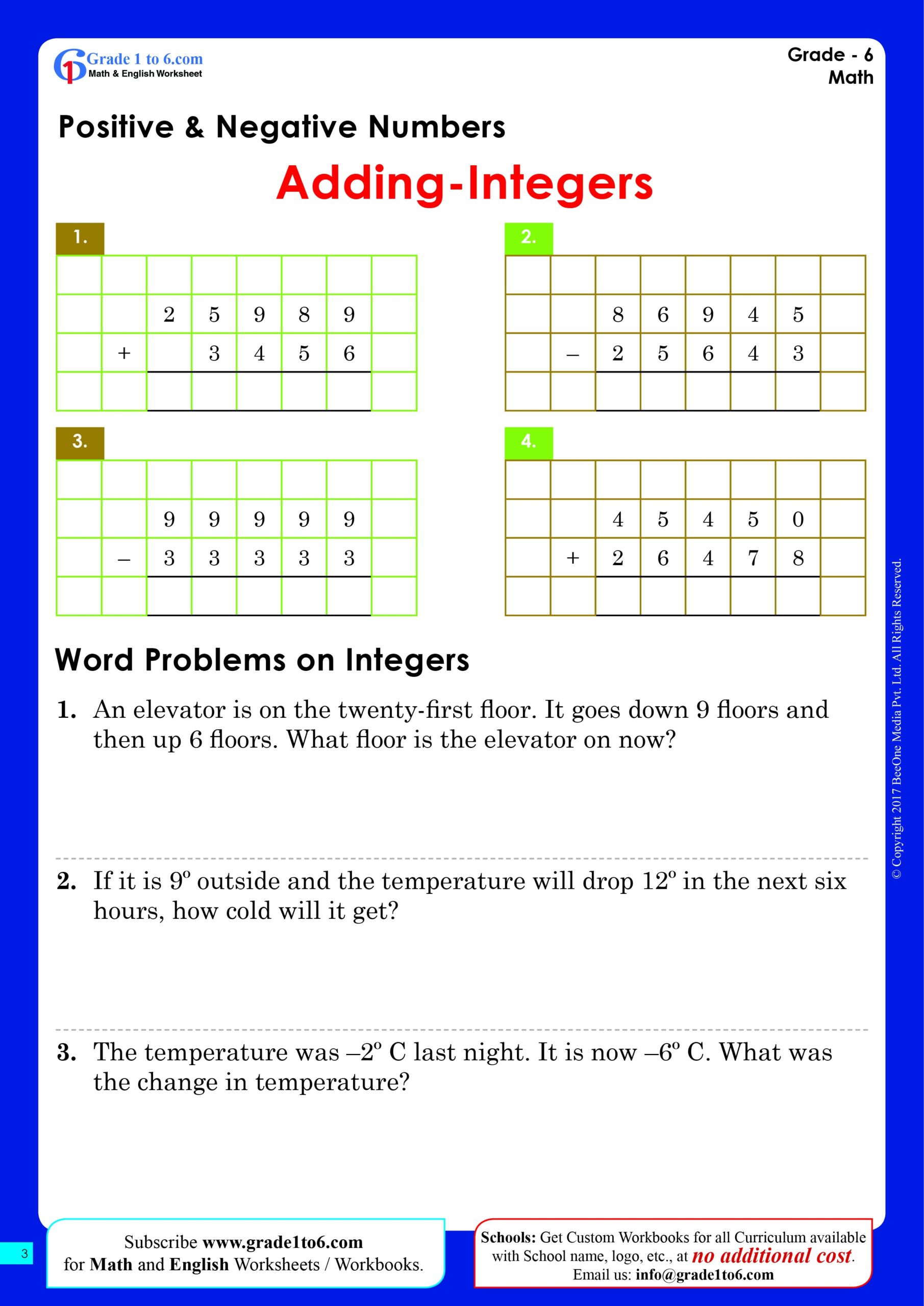 Adding Positive And Negative Integers Worksheets Grade1to6 