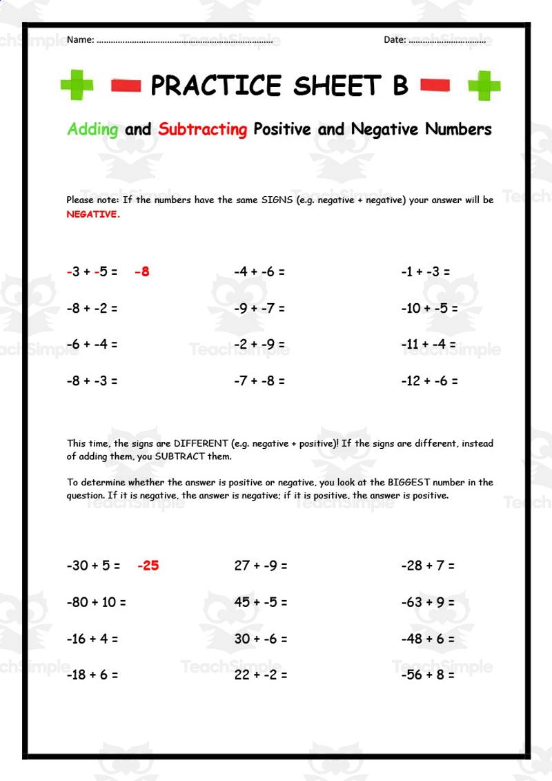 Adding Positive And Negative Integers Worksheets Grade1to6 