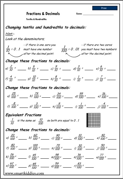Adding Tenths And Hundredths Fractions Worksheets Worksheets Master