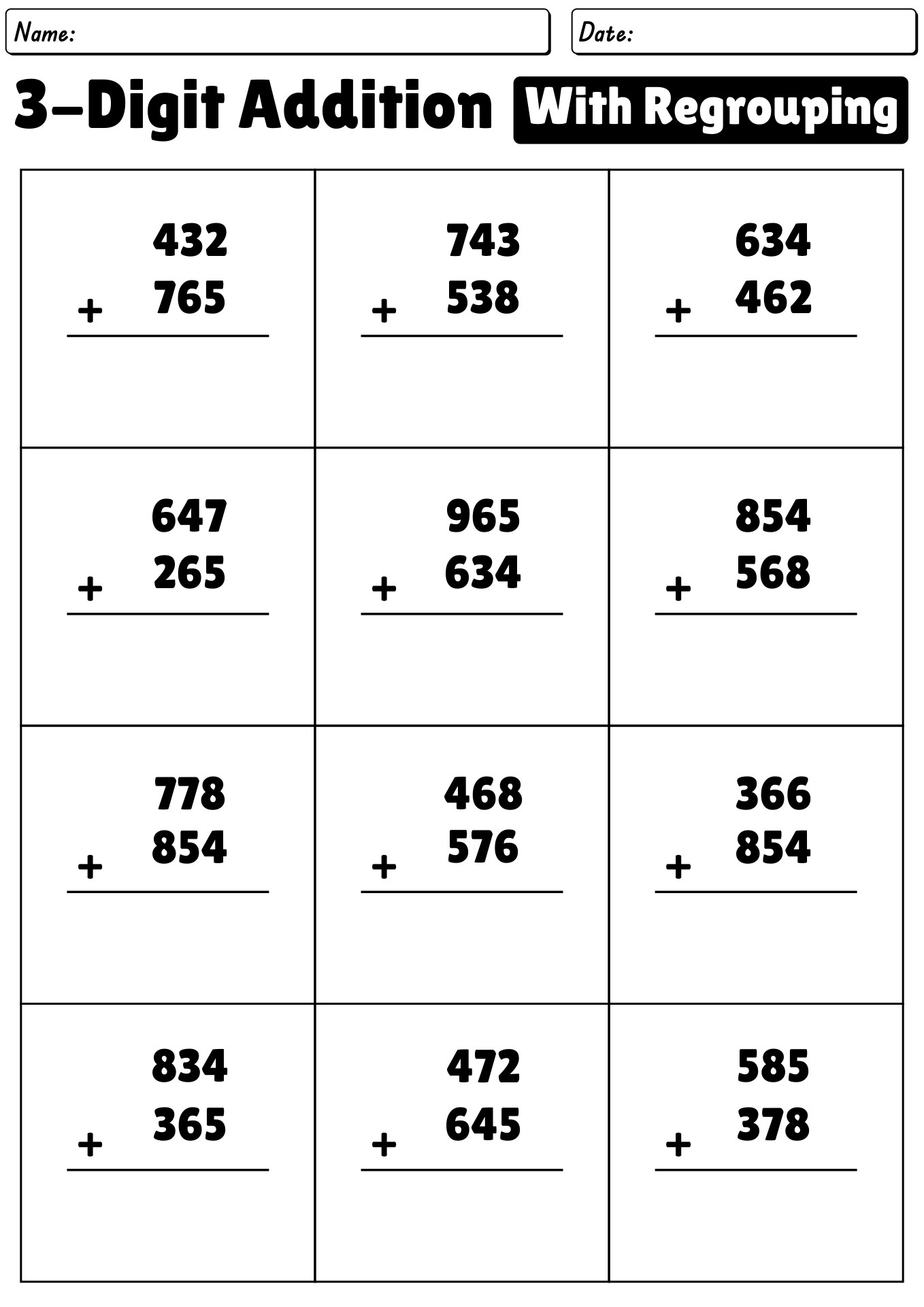 Adding Three Digits Worksheets