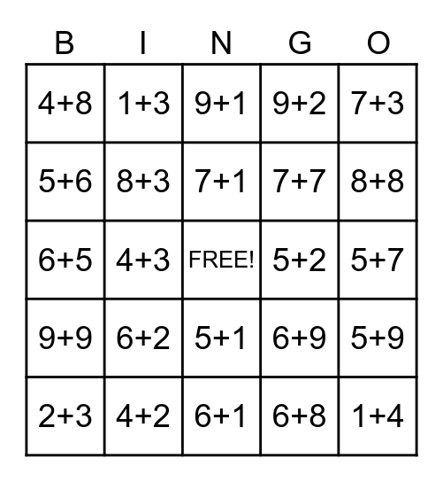 addition bingo cards printable
