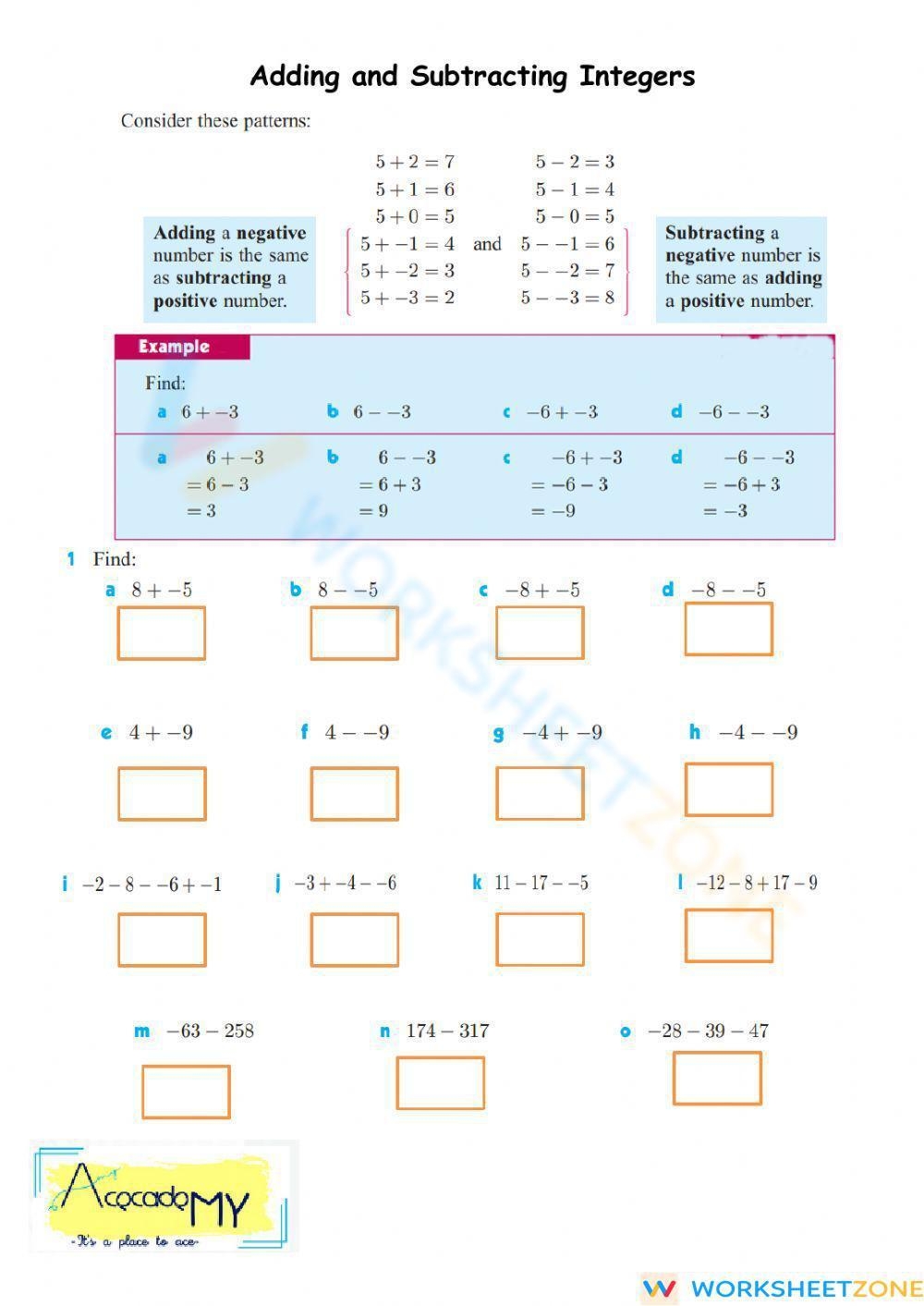 addition and subtraction integers worksheet