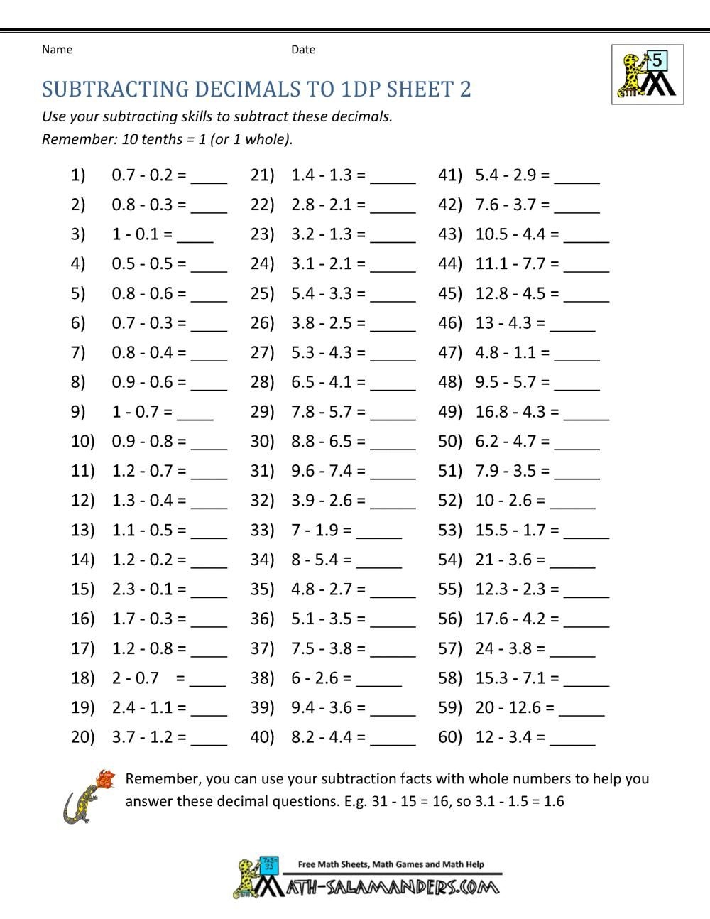 addition and subtraction decimals worksheets pdf