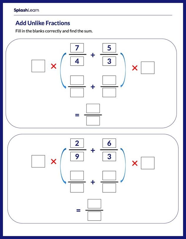 addition of unlike fractions worksheets