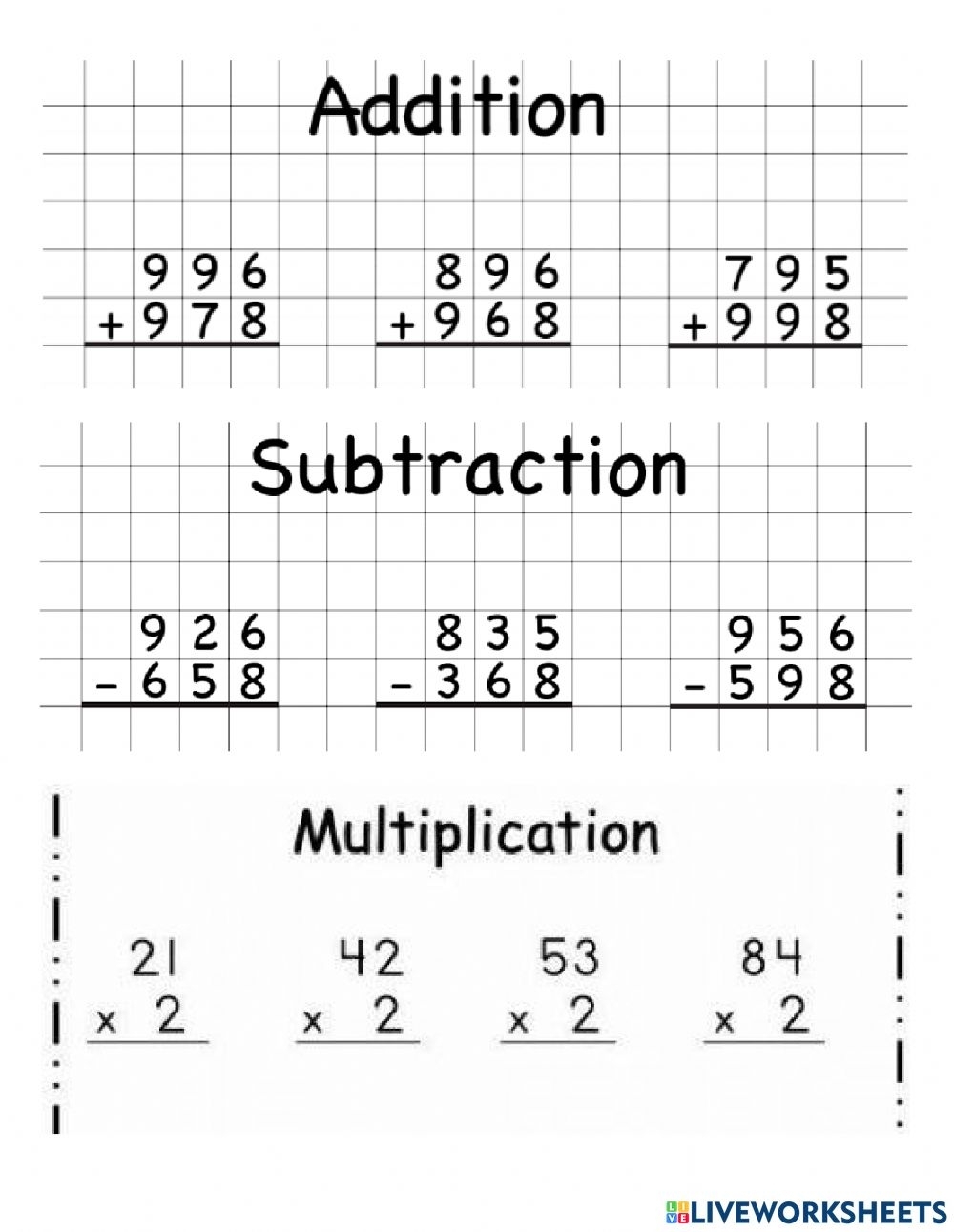 Addition Subtraction Multiplication Division Worksheets Printable