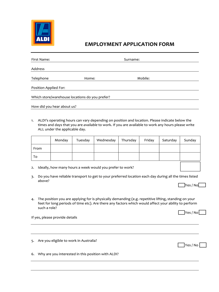 Aldi Printable Application Form Printable Application