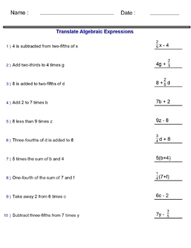 Algebraic Expressions Translate Phrases Worksheets Two Terms 