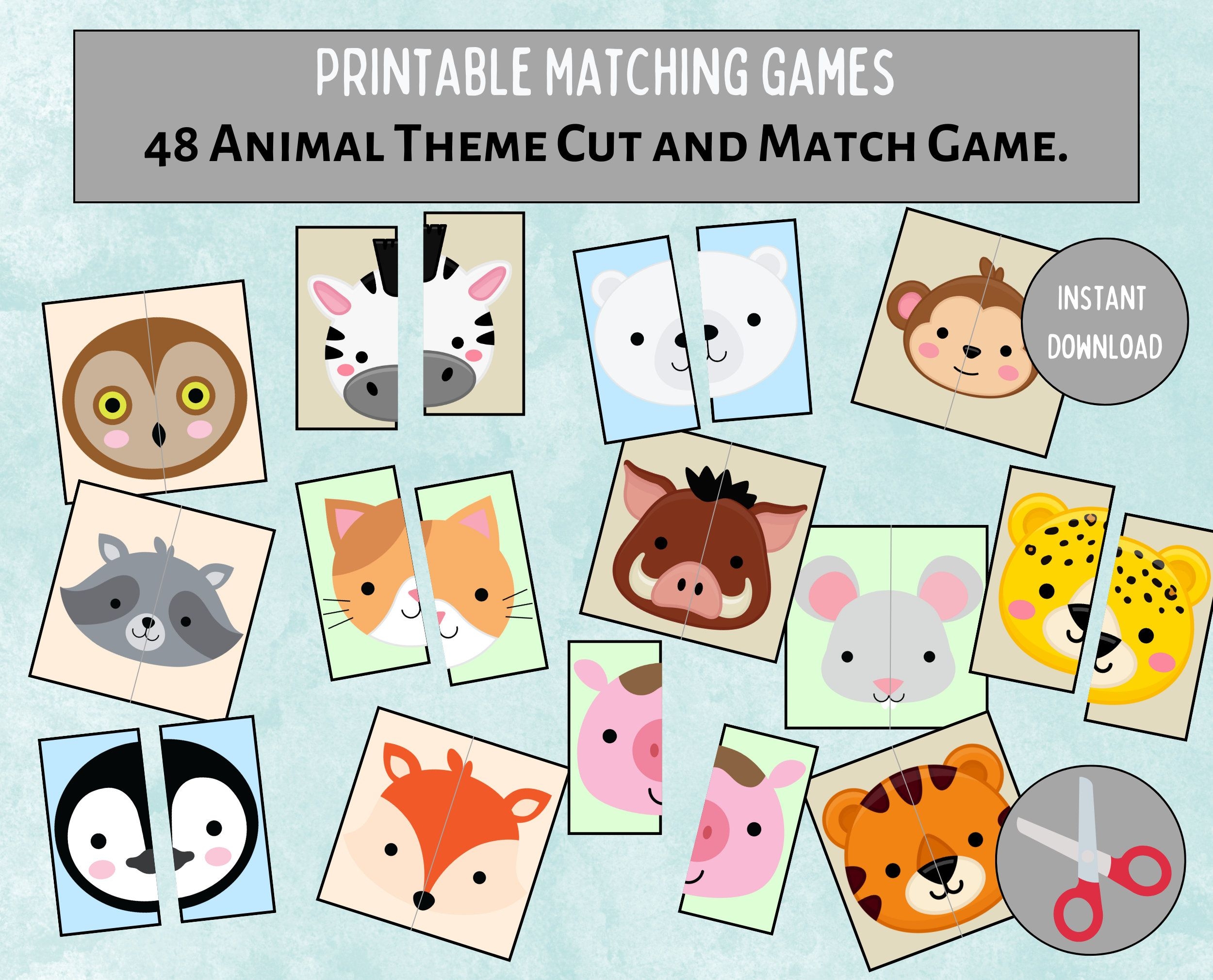 Animal Matching Card Game Printable 2 Piece Puzzles Preschool Animal 