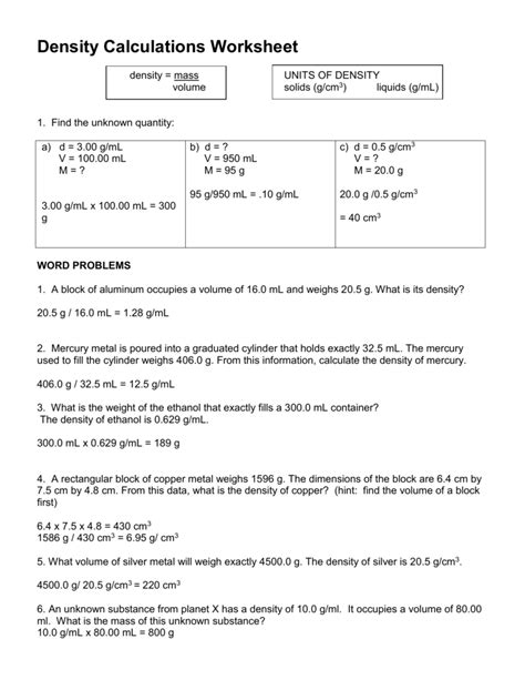 Answer Key Density jpg SCIENCE 8 DENSITY CALCULATIONS 