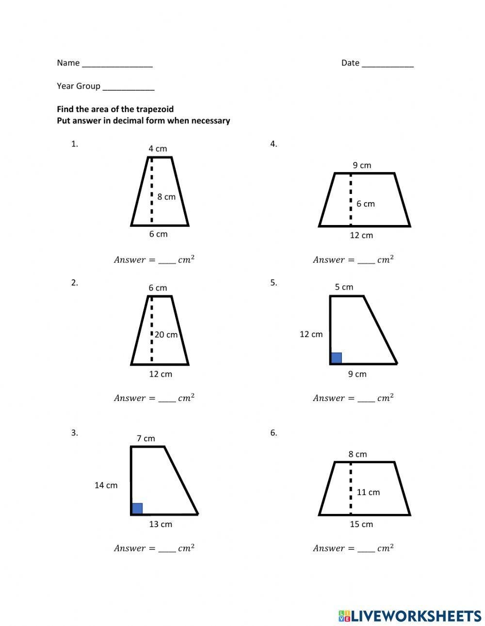 area of trapezoids worksheet