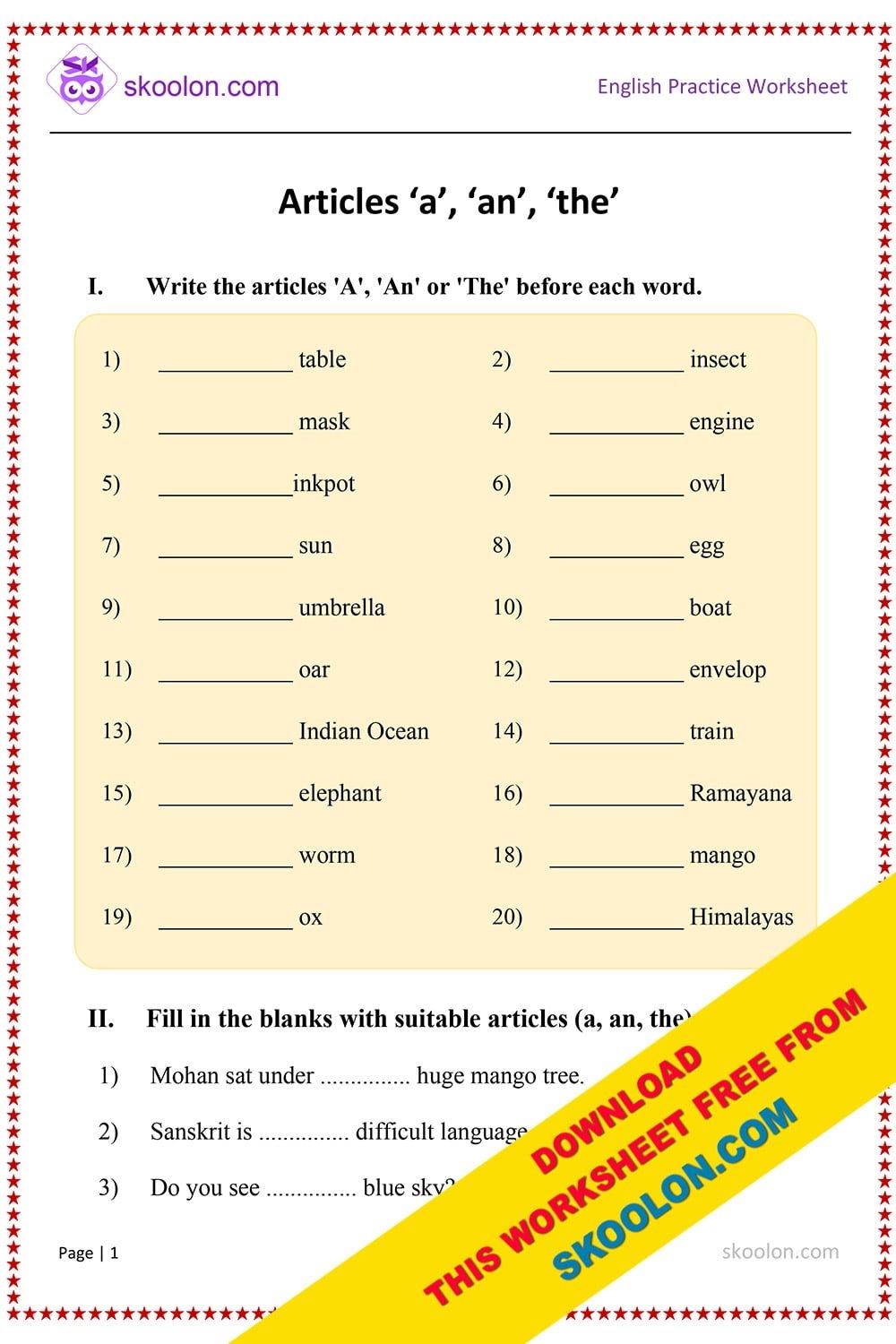 article a and an worksheet