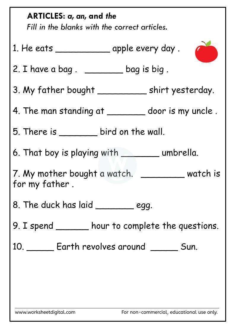 articles a an and the worksheet