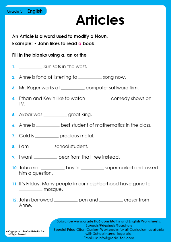 Articles Worksheet Grade 3 Worksheets Library