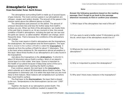 Atmospheric Layers 5th Grade Reading Comprehension Worksheet 