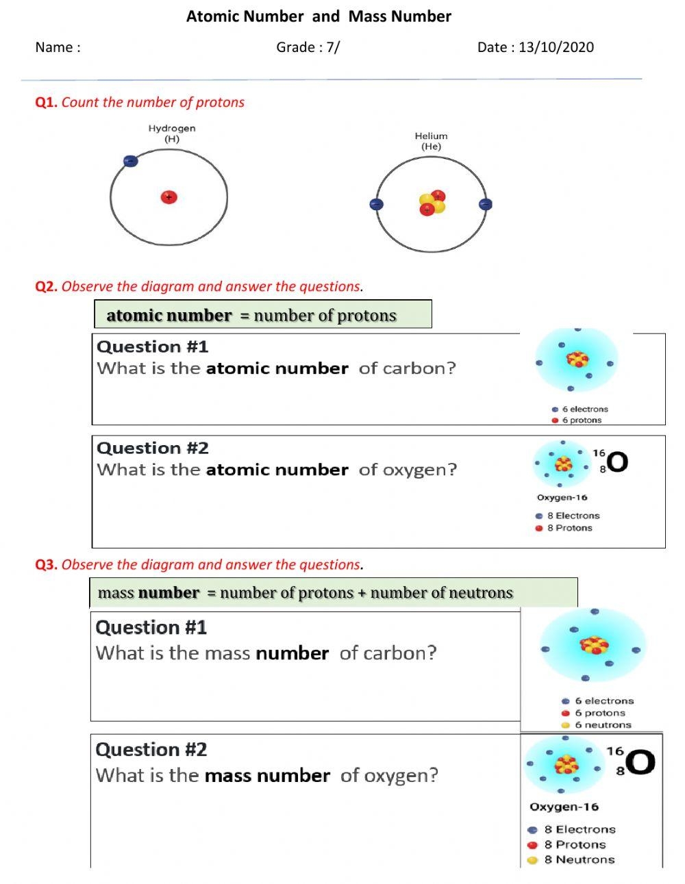atomic mass and number worksheet