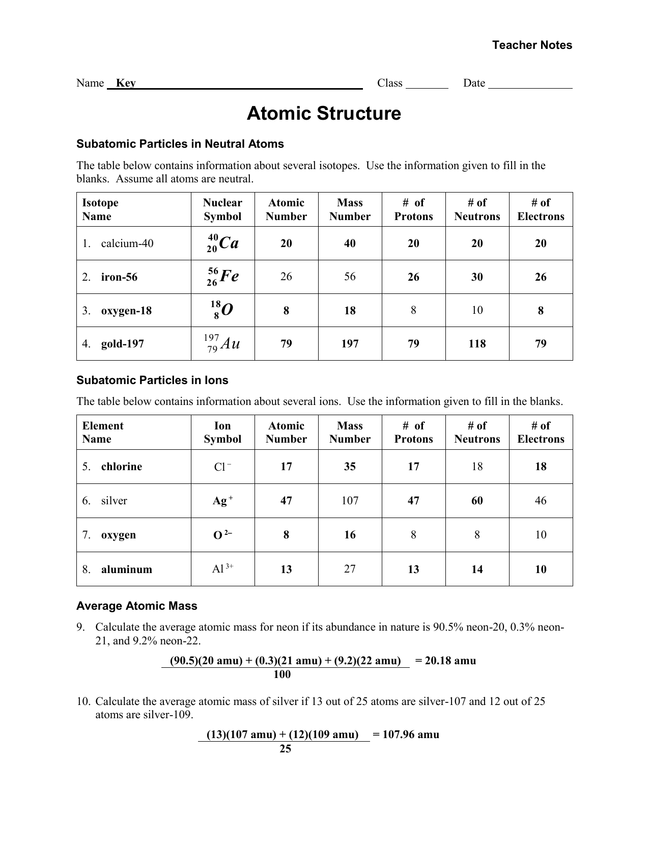 Atomic Structure Review Worksheet Answer Key Martin Lindelof