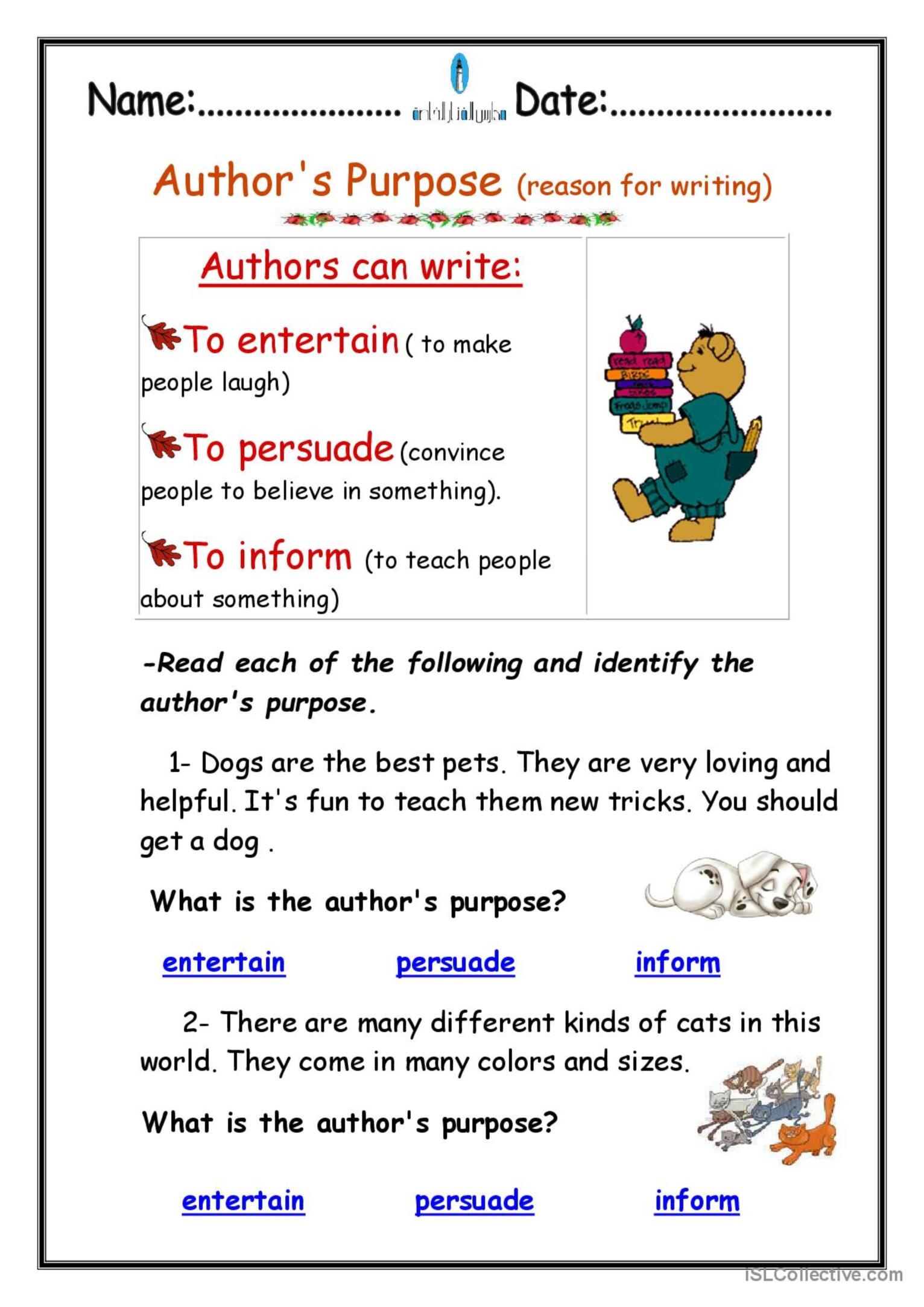 Author 39 s Purpose English ESL Worksheets Pdf Doc