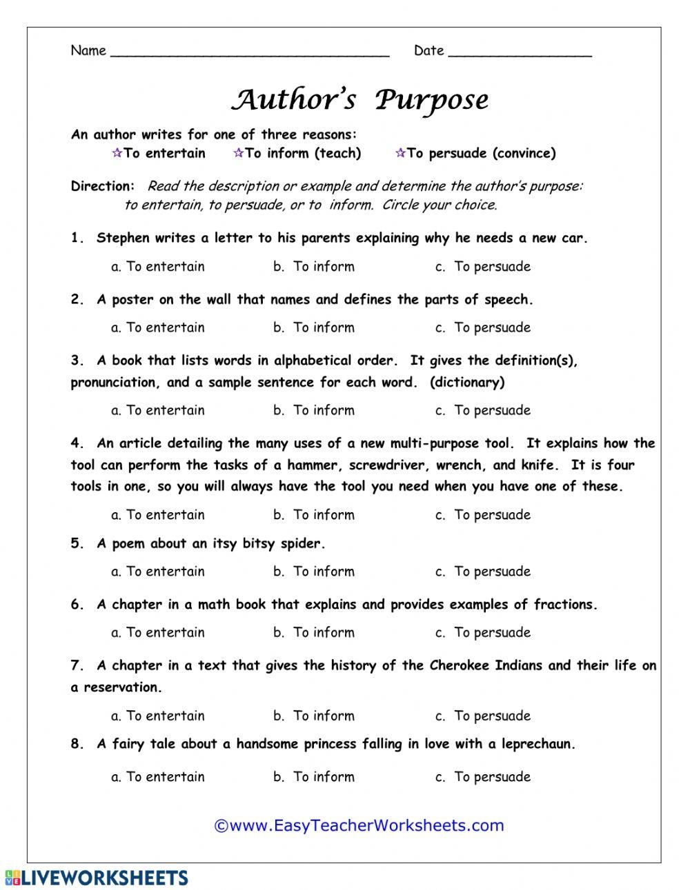 Authors Purpose Worksheet Live Worksheets Worksheets Library