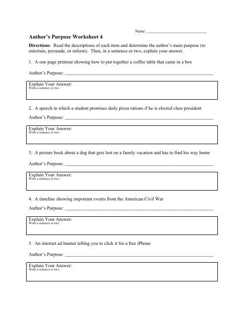 Authors Purpose Worksheets With Answer Key Worksheets Master