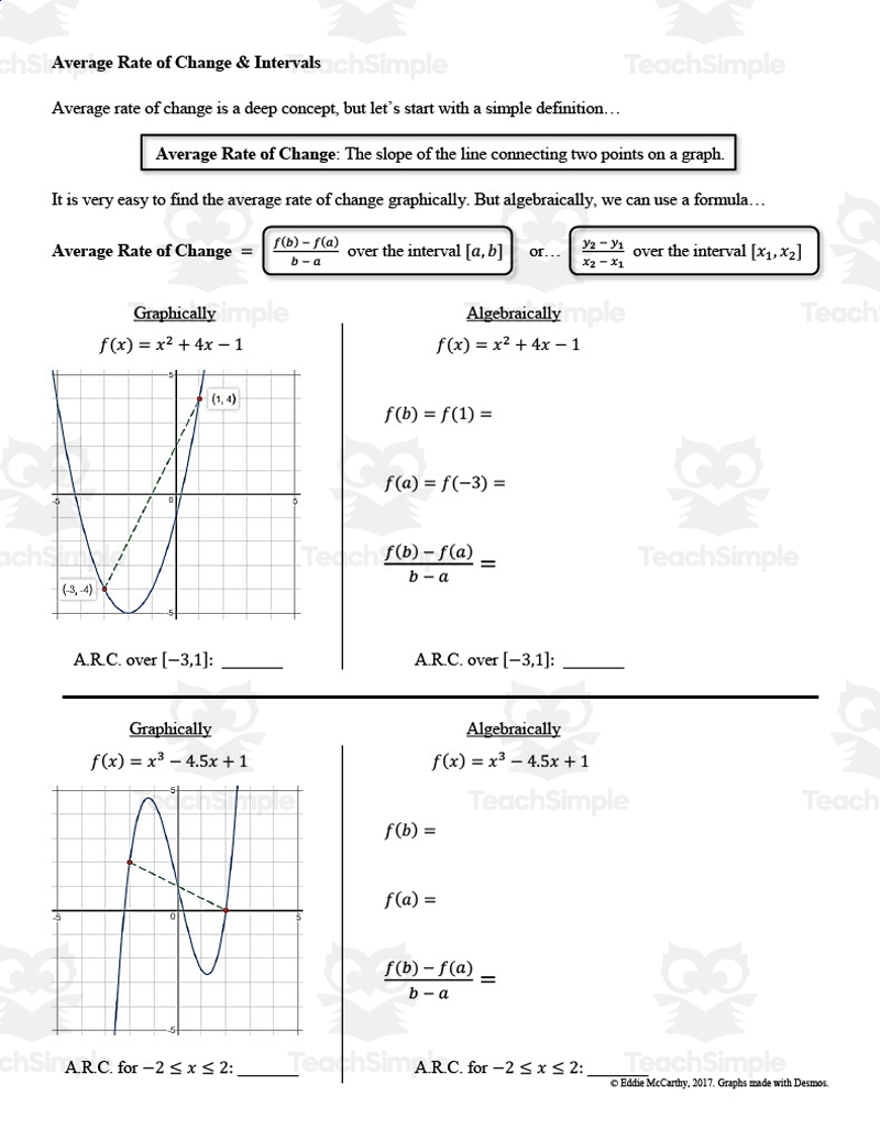 Average Rate Of Change Intervals Guided Notes Homework Worksheets 