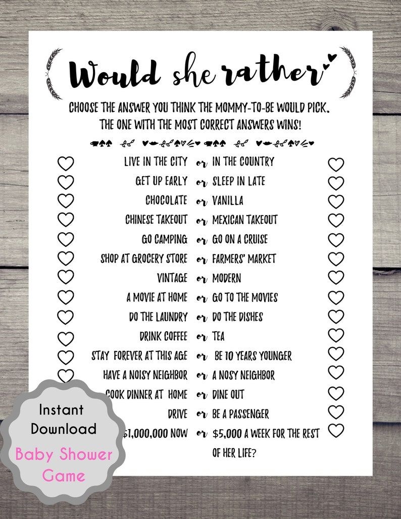 Baby Shower Would She Rather Game Baby Shower Printables Baby Shower 