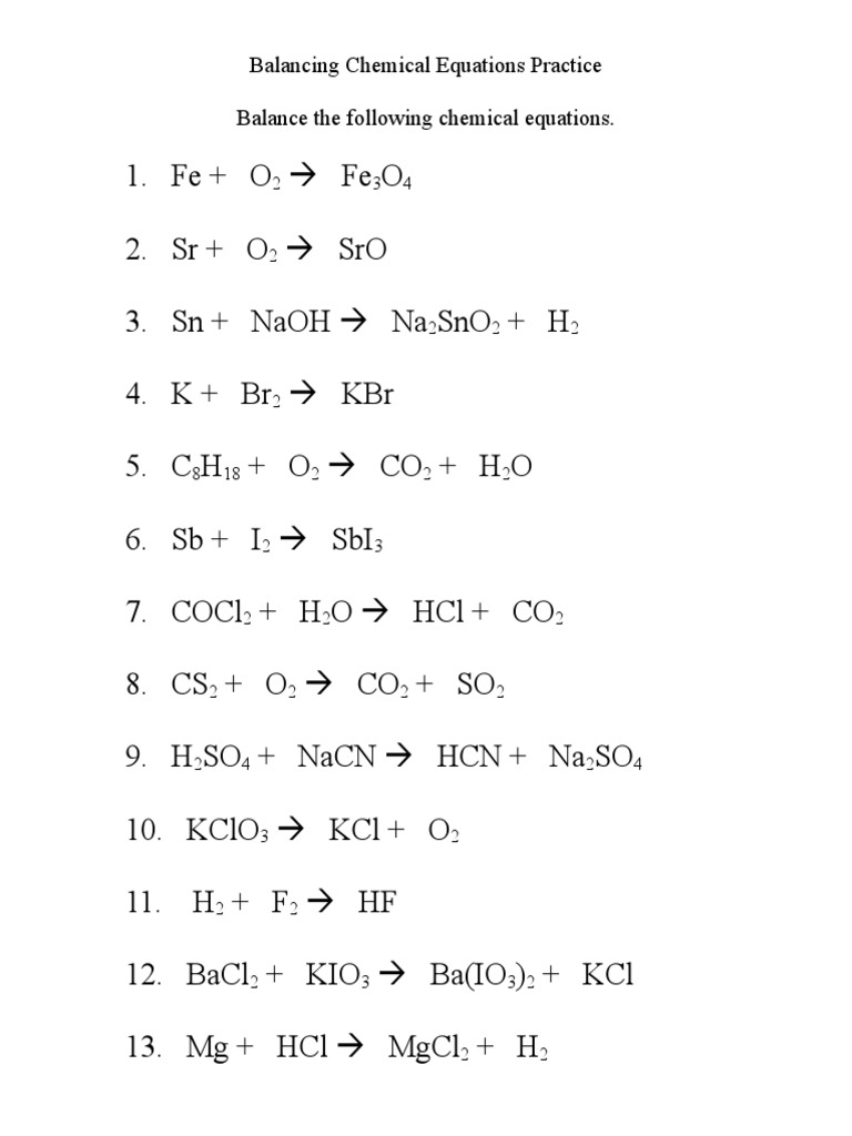balancing equations practice worksheet