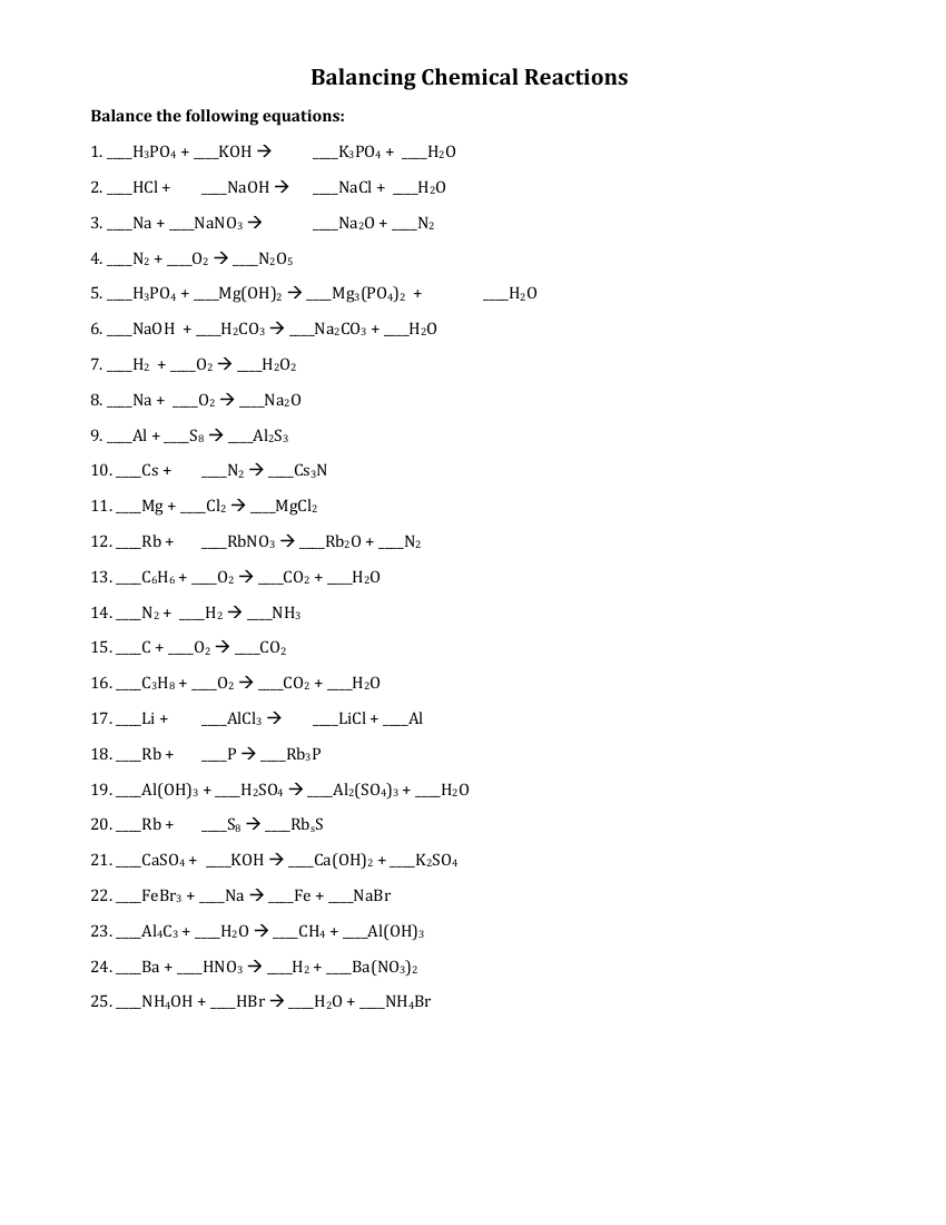 Balancing Chemical Equations Worksheet For 9th 12th Grade