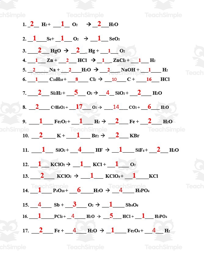 balancing equations practice worksheet answers