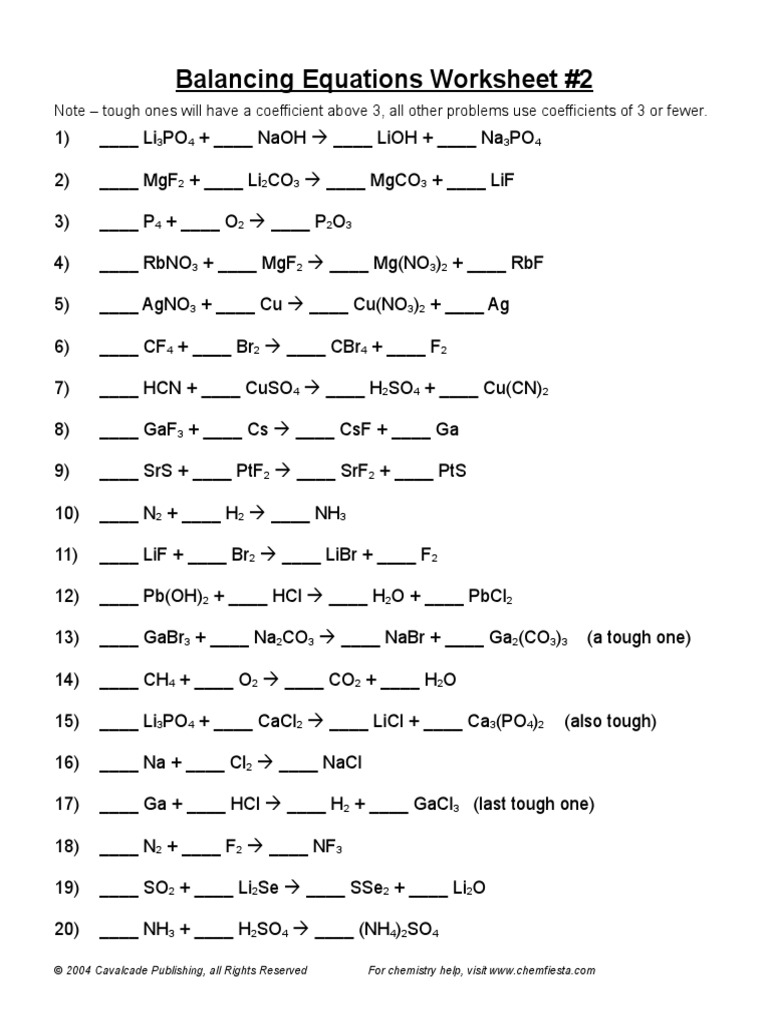 Balancing Equations Worksheet Answer Key