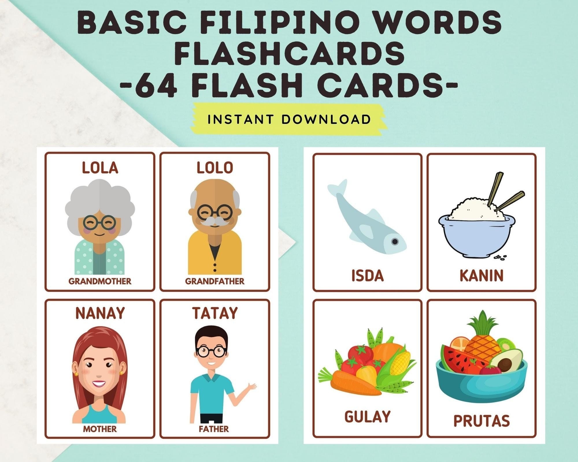 Basic Filipino Words 64 Cards Flashcards Tagalog Flashcards With 
