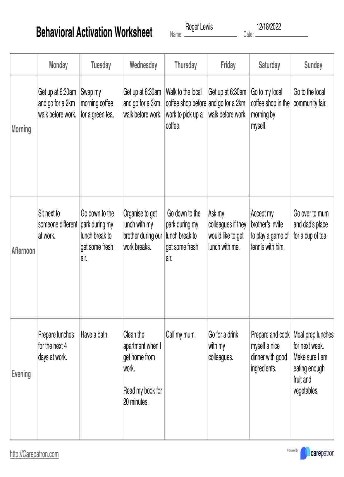 Behavioral Activation Worksheet Example Free PDF Download