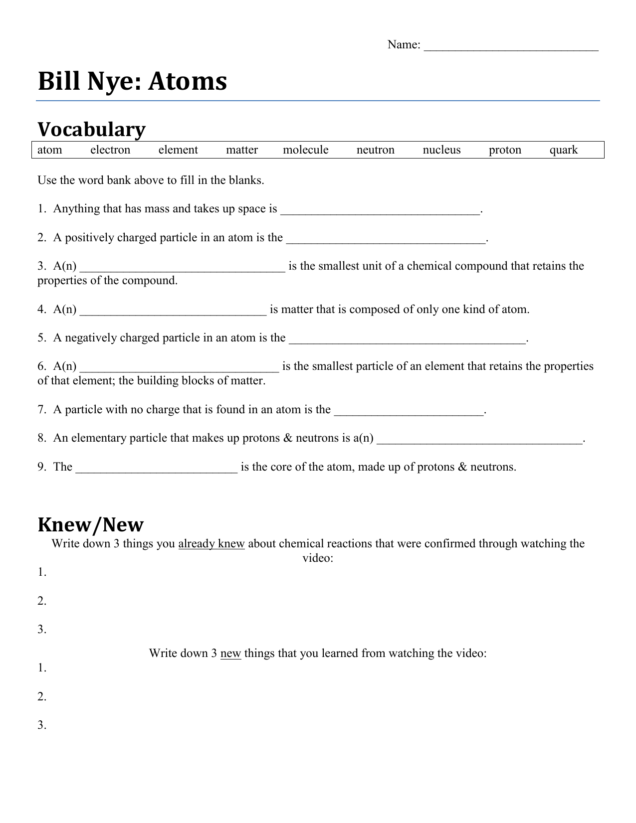 bill nye atoms and molecules worksheet answers