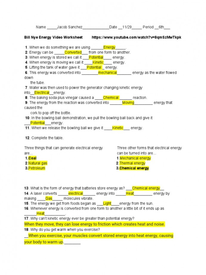 Bill Nye Energy Worksheet Answer Printable PDF Template