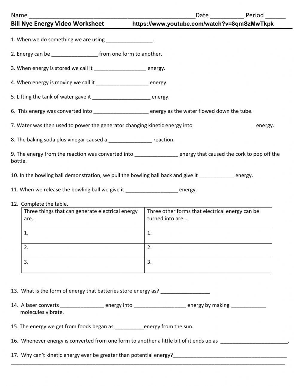 Bill Nye Energy Worksheet Online Exercise For Live Worksheets