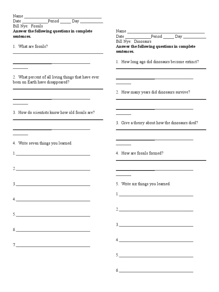 bill nye fossils worksheet