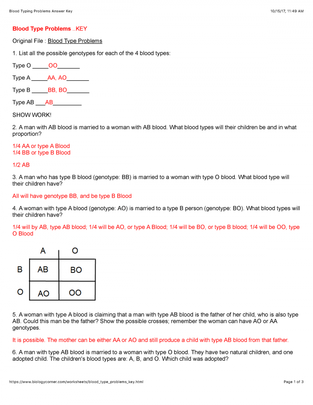 Blood Typing Practice Worksheet Answers Printable PDF Template