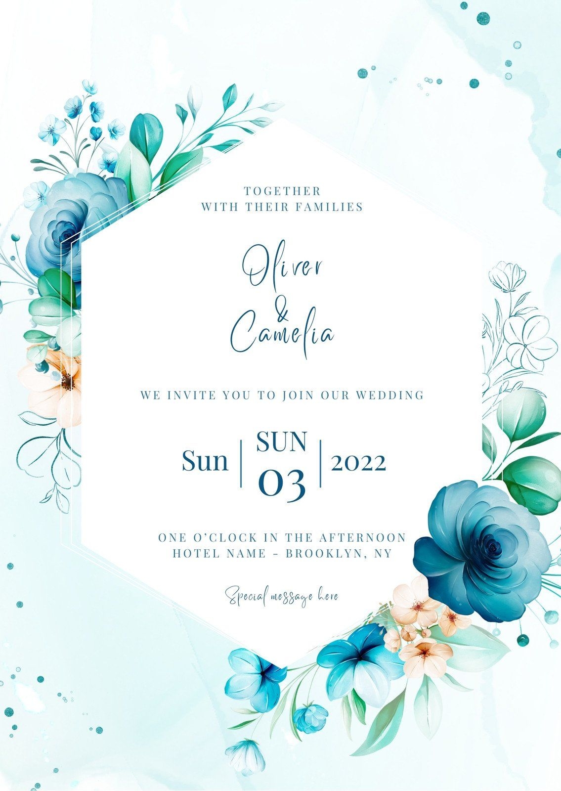 Blue Watercolor Floral Wedding Invitation