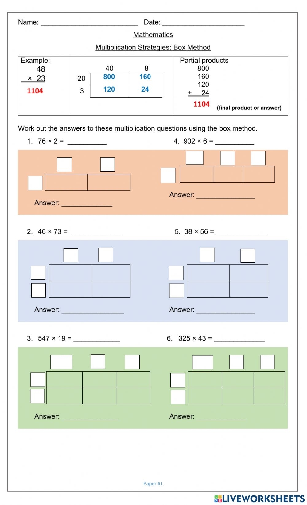 box method of multiplication worksheets