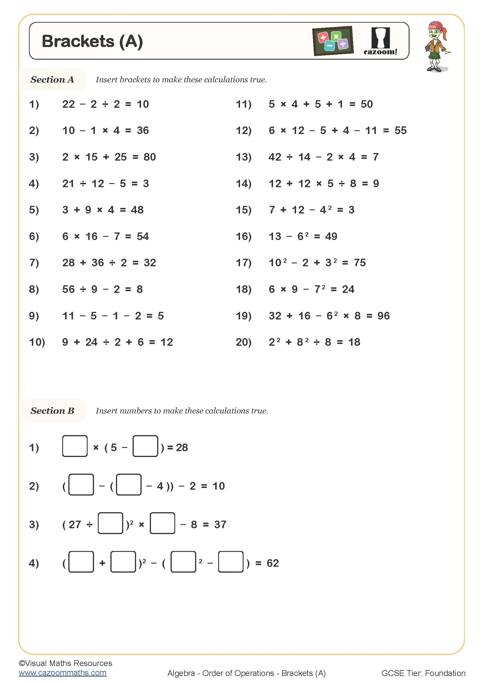 Brackets A Worksheet Cazoom Maths Worksheets
