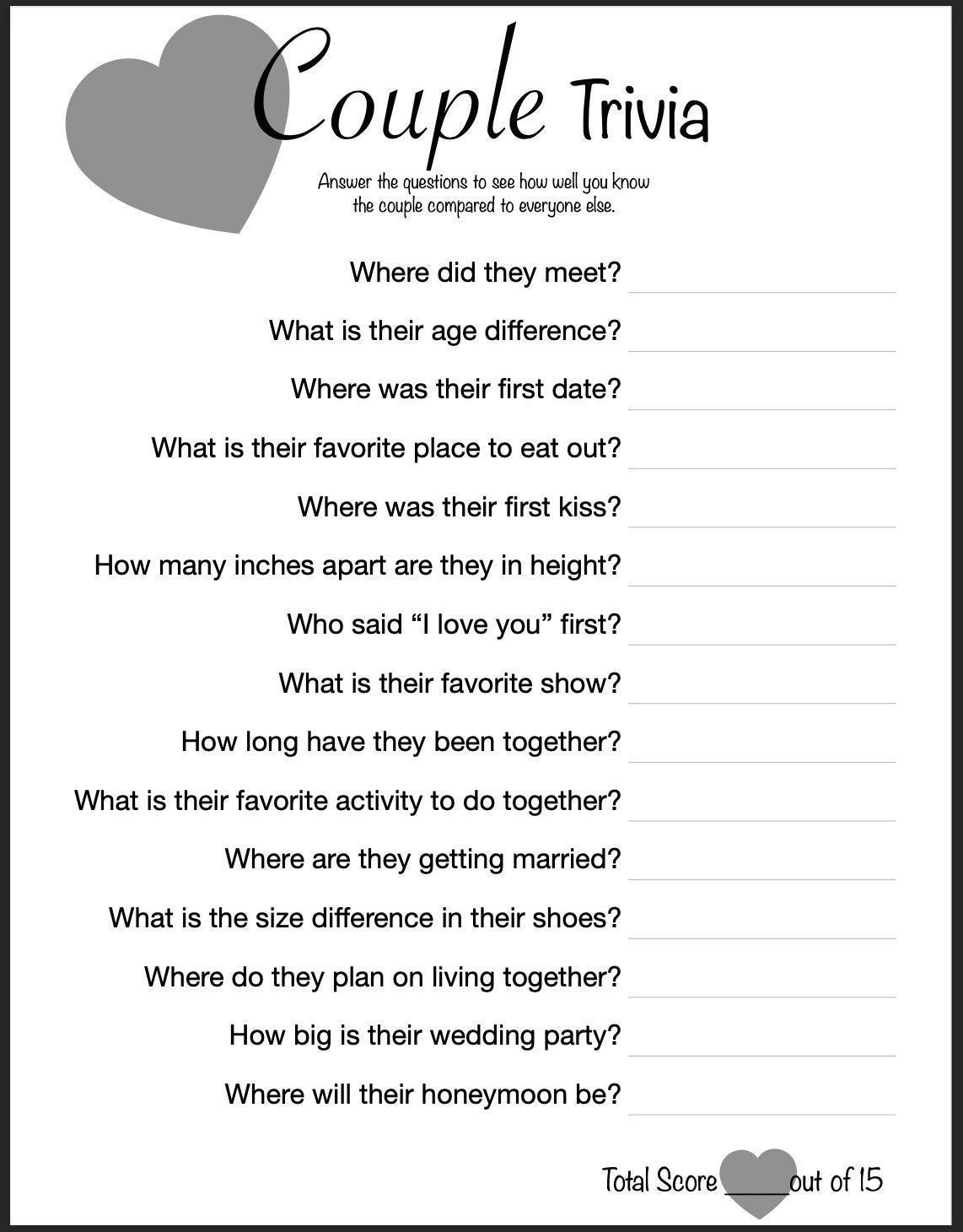 Bridal Shower Game Couple Trivia Digital Download Printable