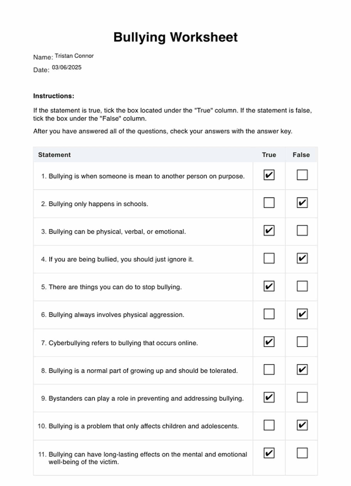 Bullying Worksheet Example Free PDF Download
